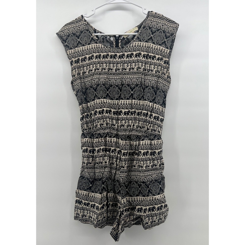 Staring at Stars Romper Womens Medium Black Cream Elephant Print Boho Festival